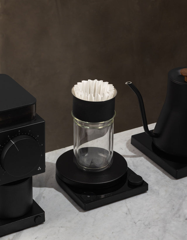 Fellow Stagg X Pour Over Set, from Clive Coffee, Fellow Products, glass pour over set, lifestyle, large